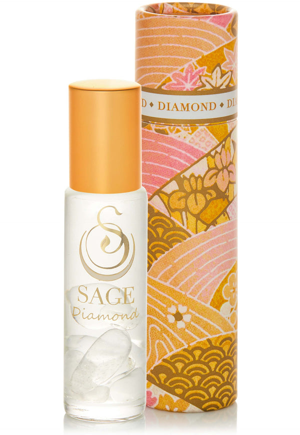 1/4 oz roll-on Sage Diamond Perfume Oil with gemstones, reusable box, subtle, gender neutral, vegan, cruelty-free fragrance
