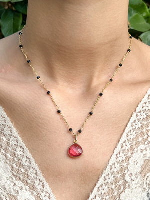 Pink Hydro Quartz Teardrop Charm Necklace on Gold Chain with Black Onyx by Sage Machado - The Sage Lifestyle