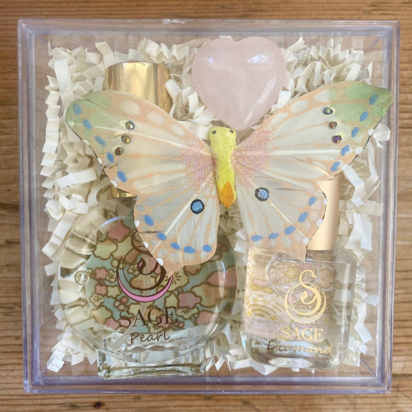 Secret Garden PETITE DUO Gift Set ~ 1/2 oz Pearl Organic Eau de Toilette Mini &amp; 1/4 oz Diamond Organic Perfume Oil Extract Roll - On with Gemstone Heart - The Sage Lifestyle
