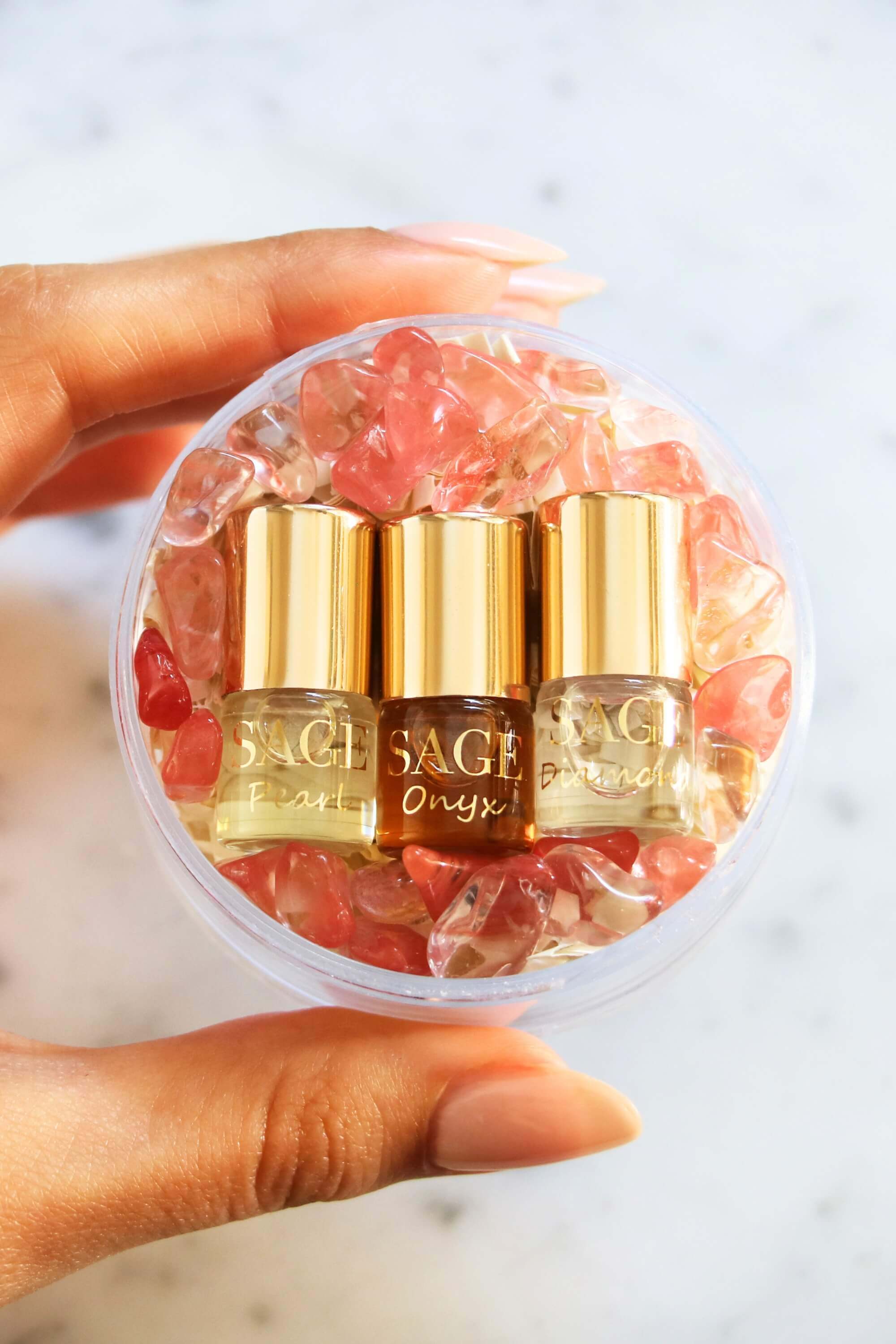 Mini 0.03 oz roll-on perfume oil gift set with gemstones: Diamond, Onyx, Pearl by Sage, vegan, cruelty-free, subtle fragrance